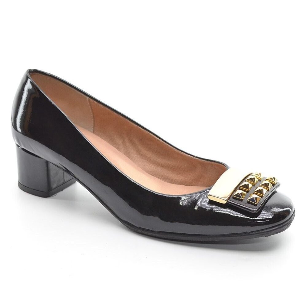 French Sole Black Patent Studded Plate Low Pumps 7 B